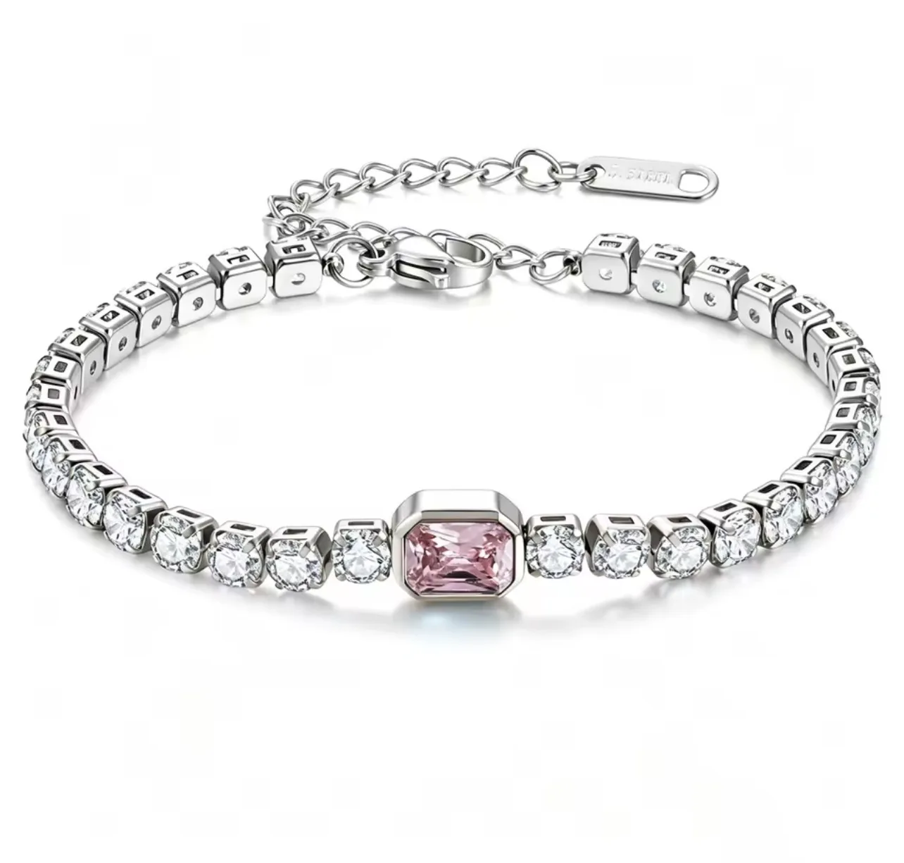Pulseira Esmeralda Rosa em Aço Inoxidável Prateado com Zircónias