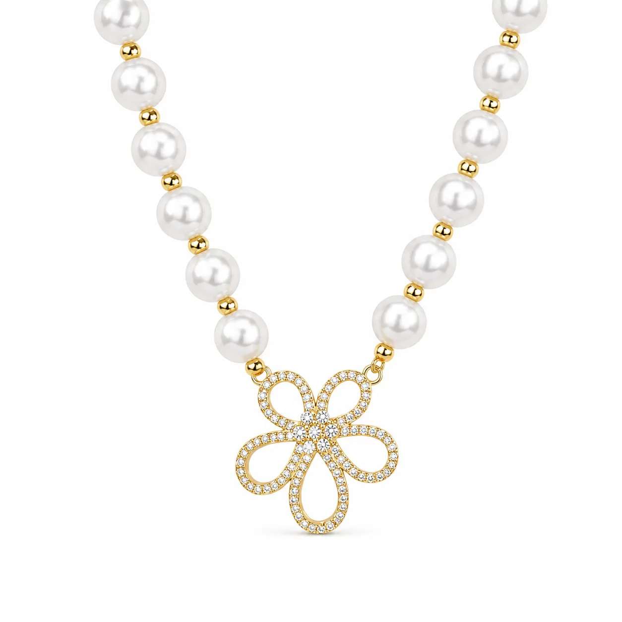 Colar Pérolas Flor de Zircónia