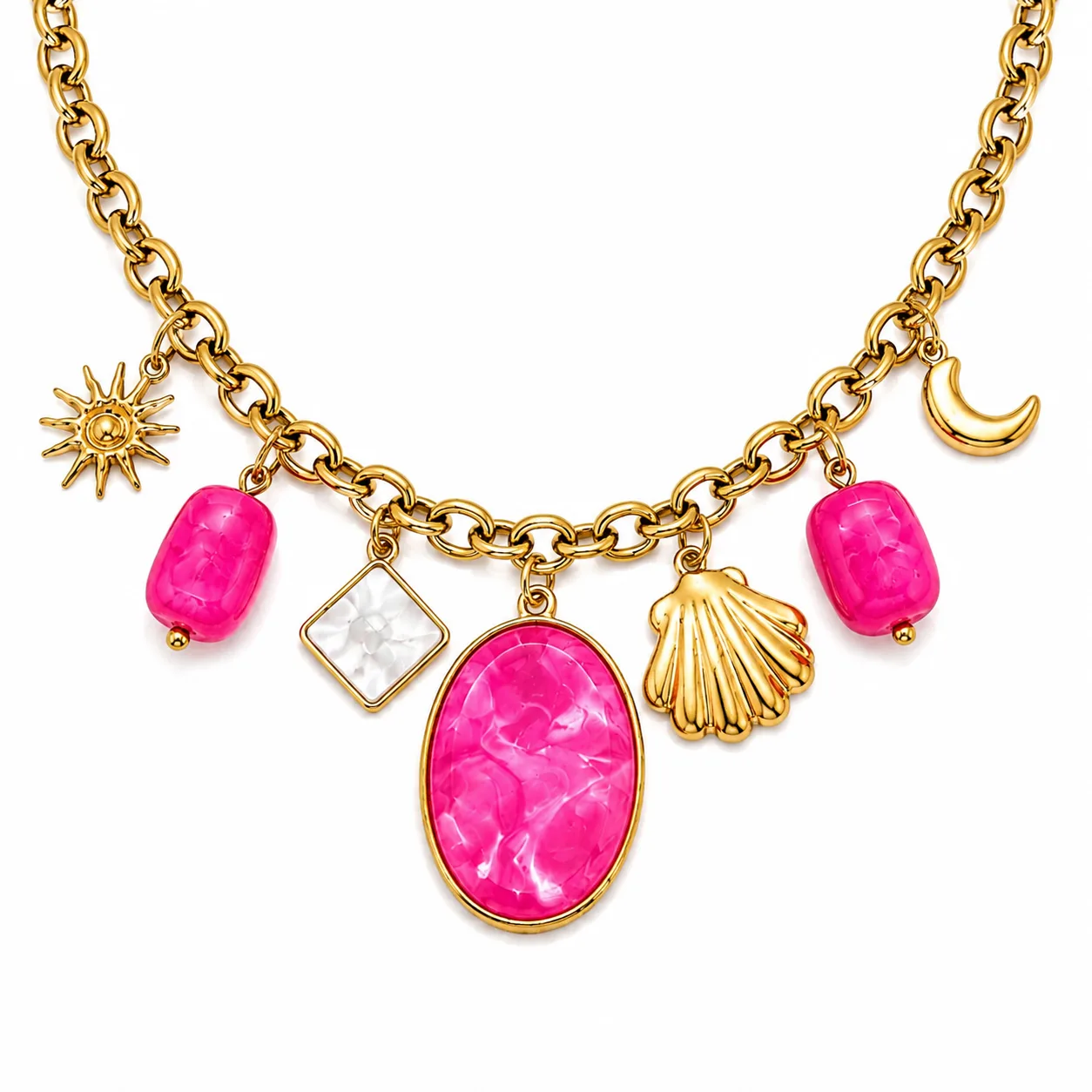 Colar Charms Rosa Dourado em Aço Inoxidável