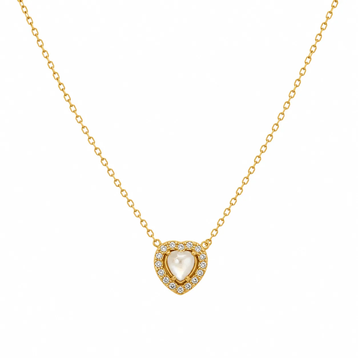 Colar Coração Pérola com Zircónias em Aço Inoxidável Dourado