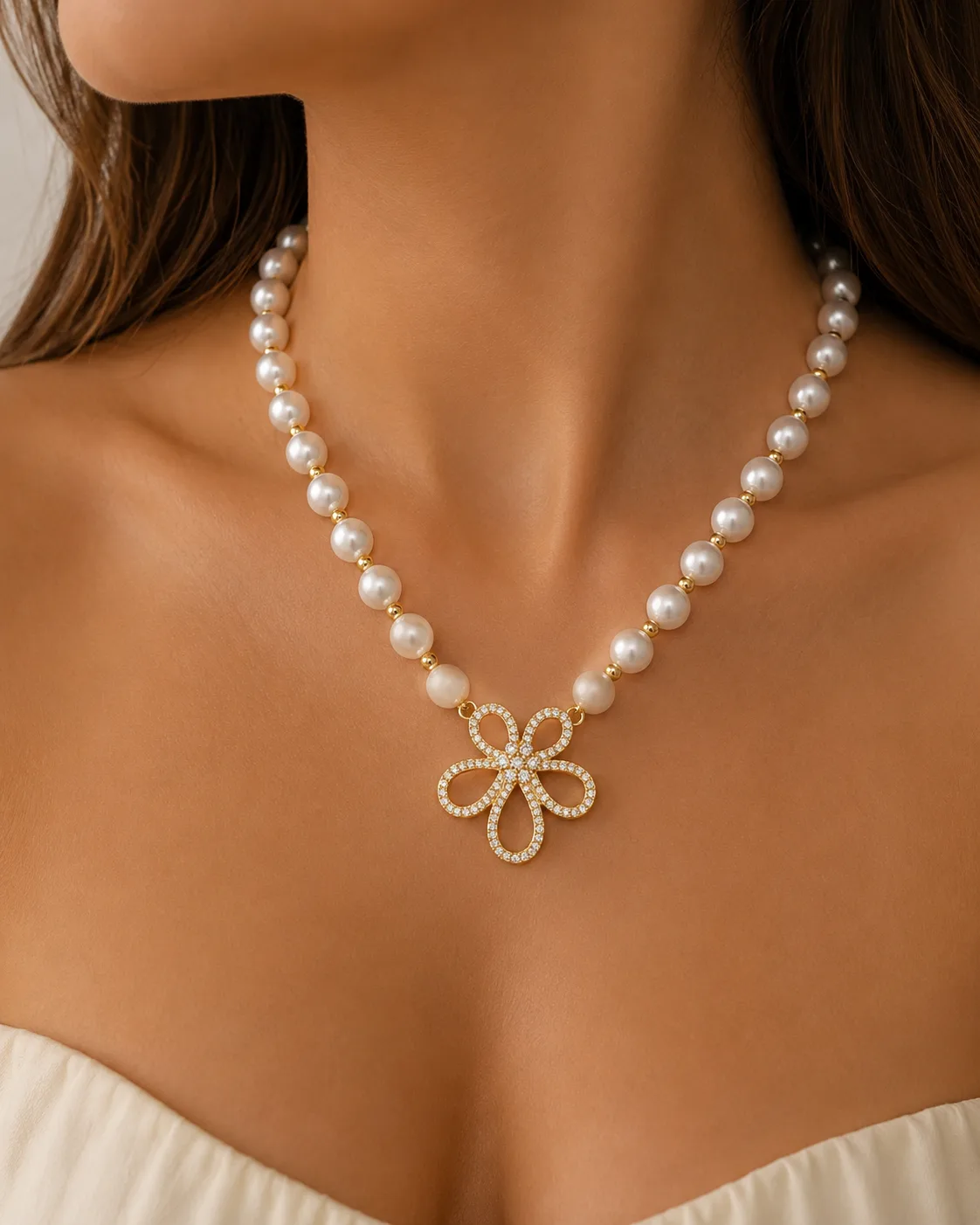 Colar Pérolas Flor de Zircónia — foto 2