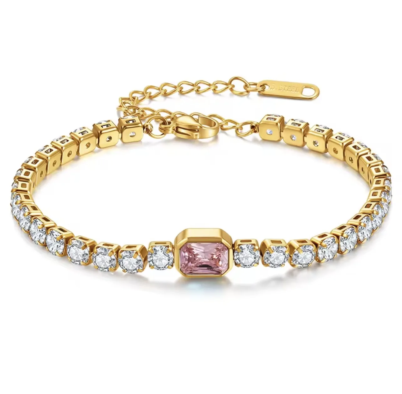 Pulseira Esmeralda Rosa em Aço Inoxidável Banhado a Ouro 18K com Zircónias